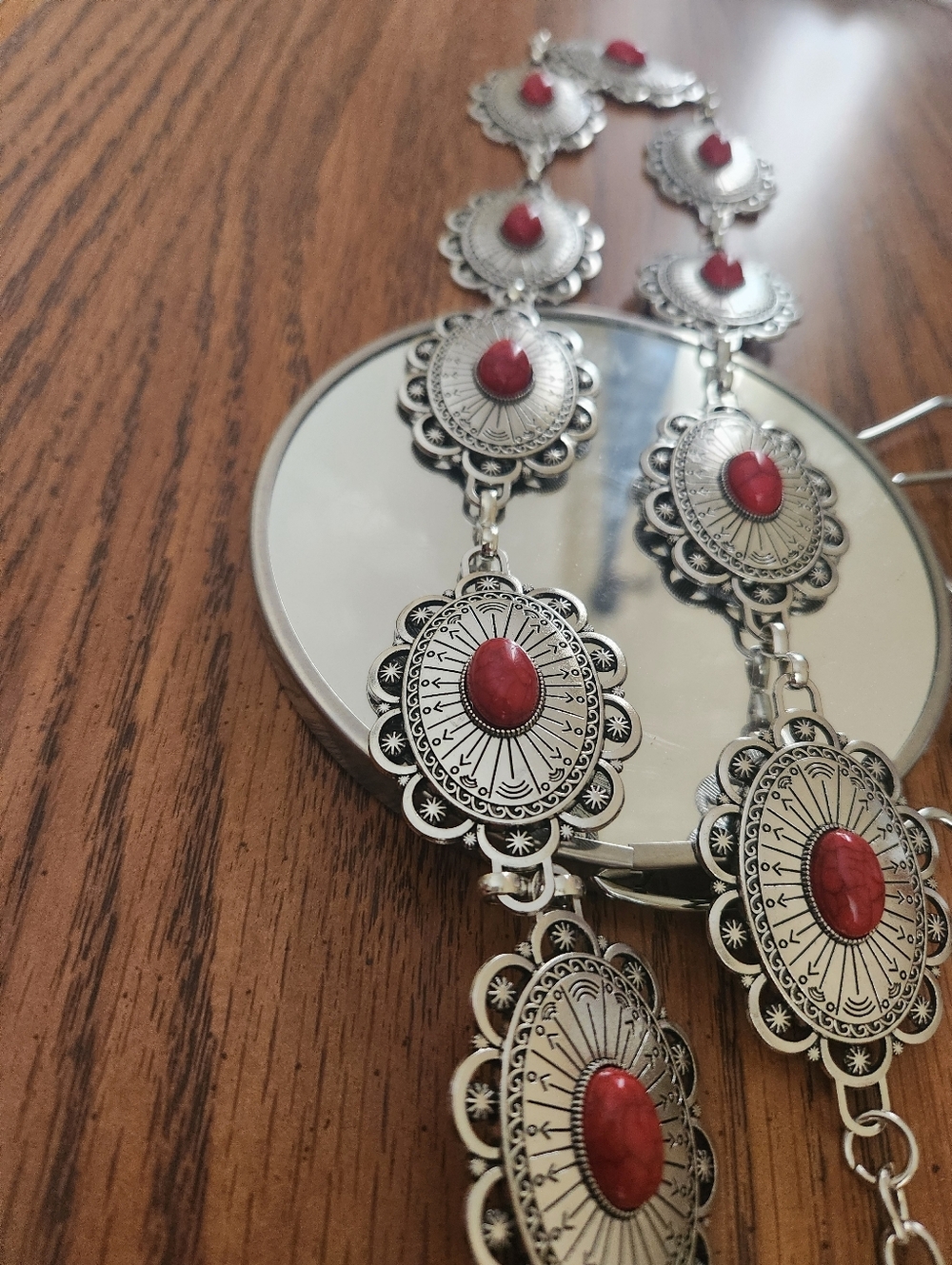 Silver Metal Concho Chain Belt with Red Stone Accents Adjustable Size